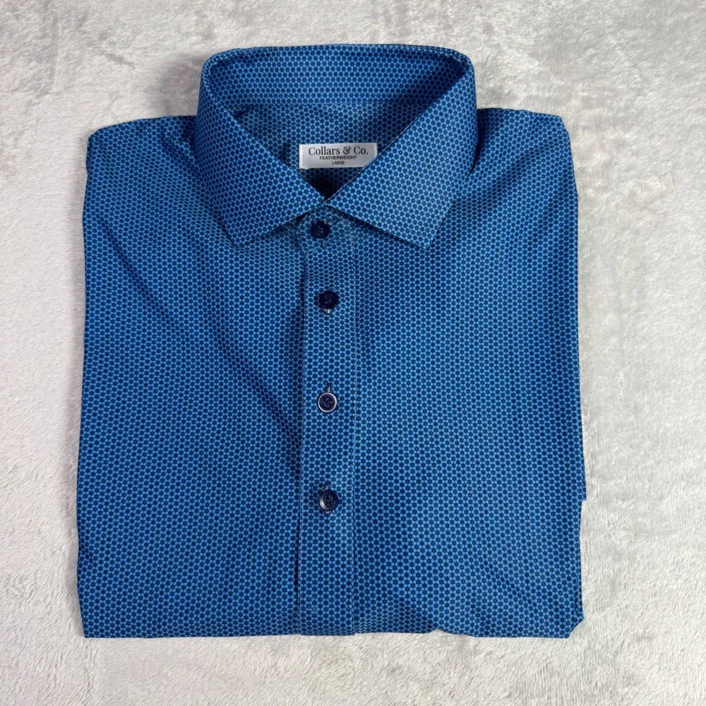 NWOT Collars & Co Mens Featherweight Dress Collar Polo Shirt L Blue Print Golf